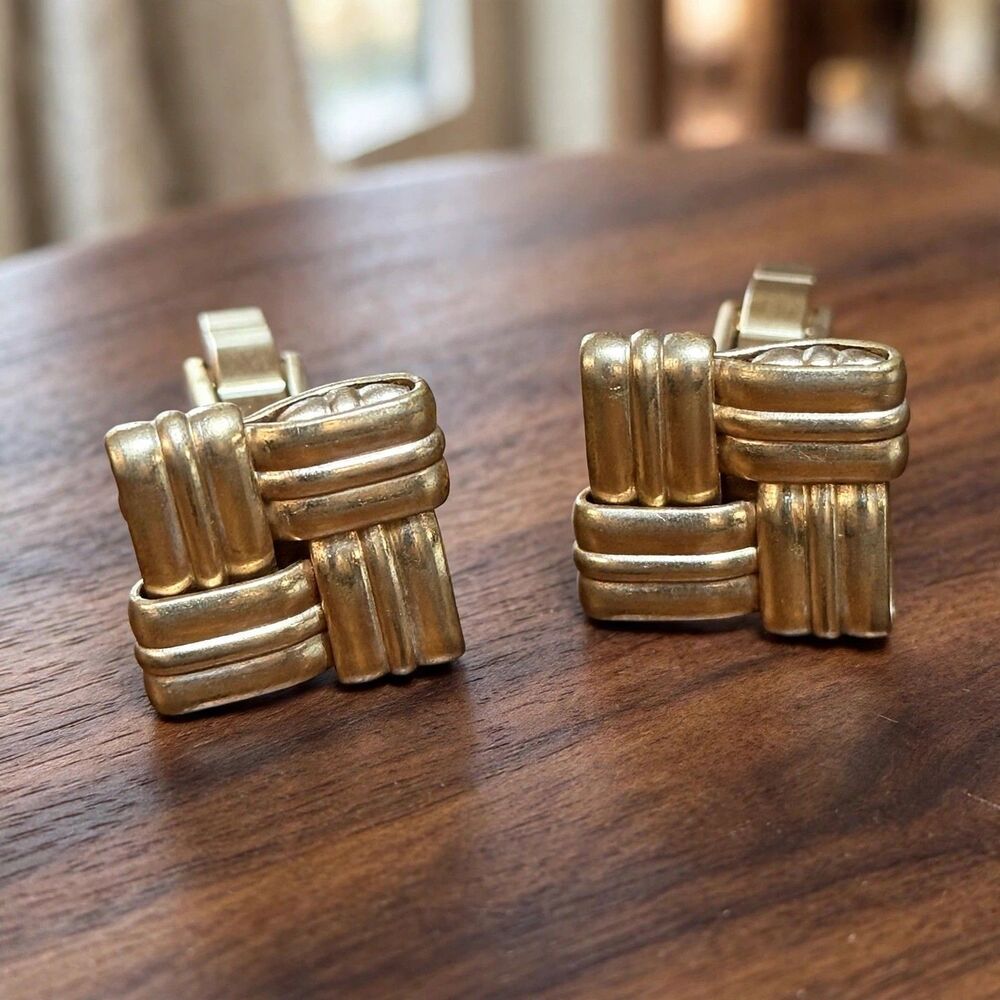 Vintage Gold Tone Basketweave Cufflinks Square Woven Toggle Back Mens